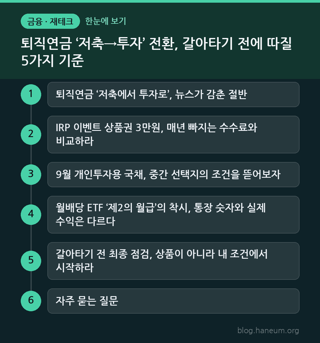 퇴직연금 ‘저축→투자’ 전환, 갈아타기 전에 따질 5가지 기준 한눈에 보기