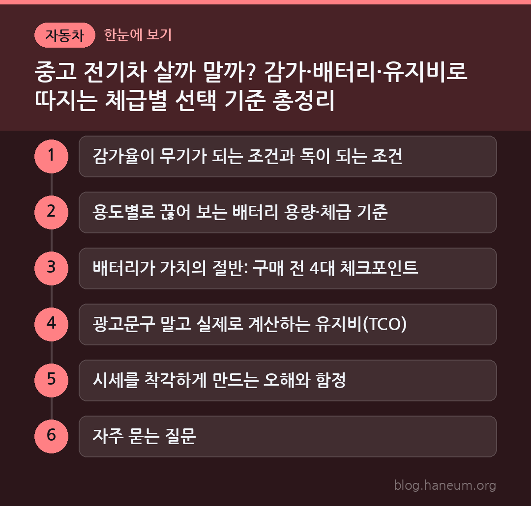 중고 전기차 살까 말까? 감가·배터리·유지비로 따지는 체급별 선택 기준 총정리 한눈에 보기