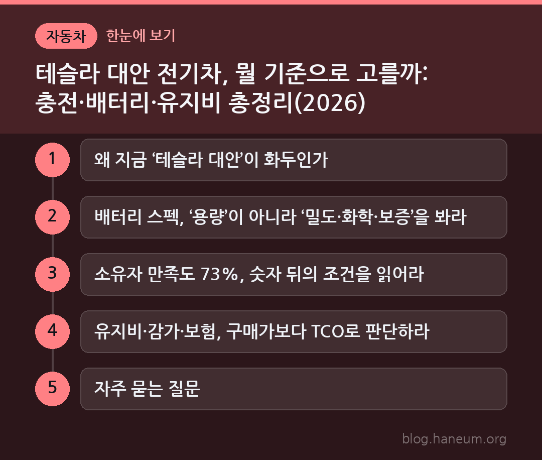 테슬라 대안 전기차, 뭘 기준으로 고를까: 충전·배터리·유지비 총정리(2026) 한눈에 보기