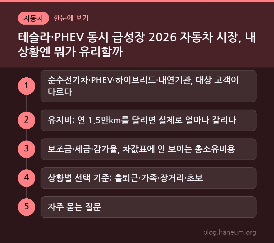테슬라·PHEV 동시 급성장 2026 자동차 시장, 내 상황엔 뭐가 유리할까 한눈에 보기