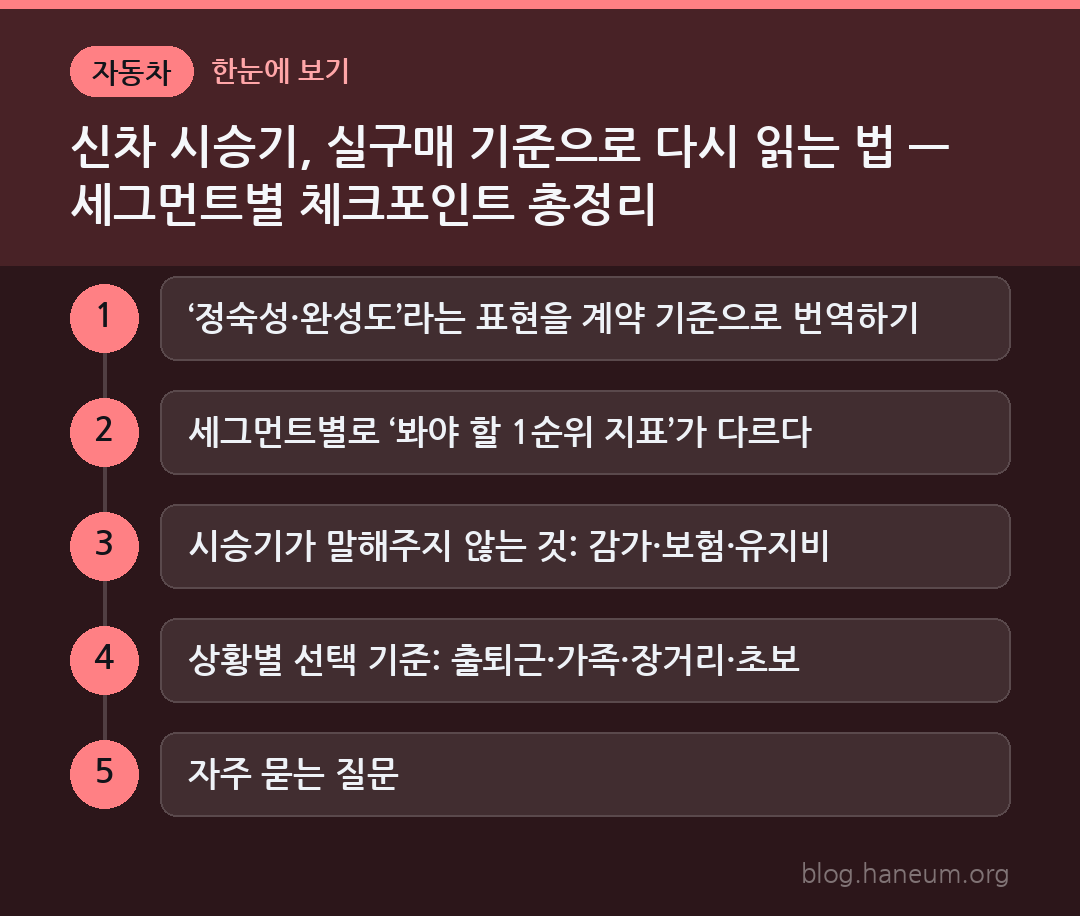 신차 시승기, 실구매 기준으로 다시 읽는 법 — 세그먼트별 체크포인트 총정리 한눈에 보기