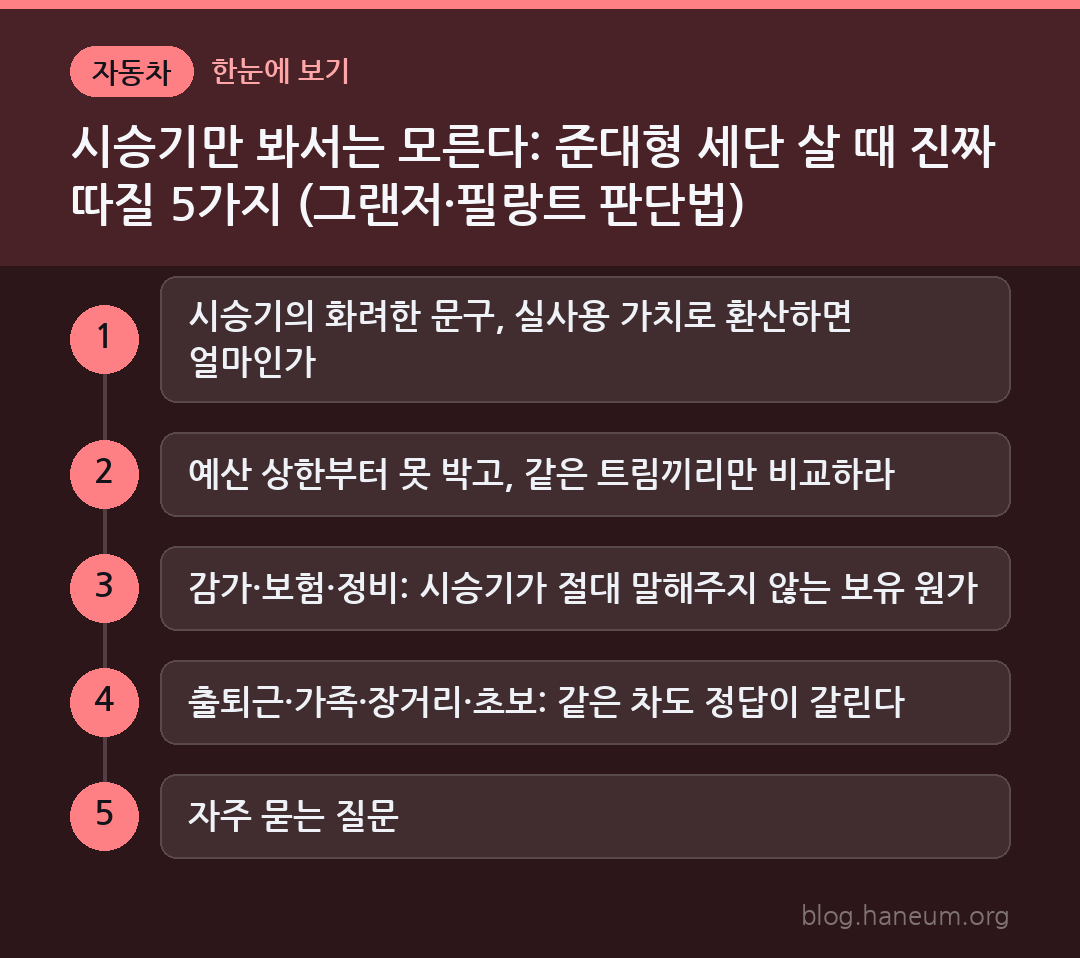 시승기만 봐서는 모른다: 준대형 세단 살 때 진짜 따질 5가지 (그랜저·필랑트 판단법) 한눈에 보기