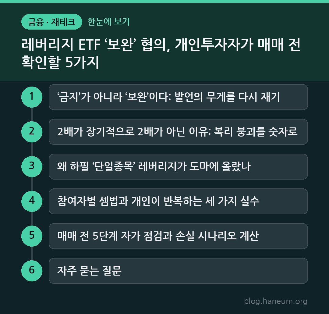 레버리지 ETF ‘보완’ 협의, 개인투자자가 매매 전 확인할 5가지 한눈에 보기
