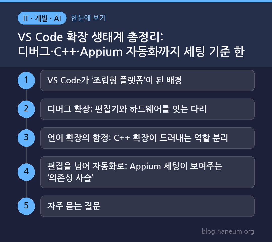 VS Code 확장 생태계 총정리: 디버그·C++·Appium 자동화까지 세팅 기준 한 번에 한눈에 보기