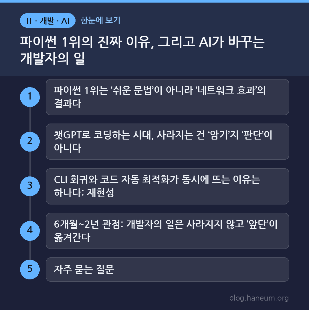 파이썬 1위의 진짜 이유, 그리고 AI가 바꾸는 개발자의 일 한눈에 보기