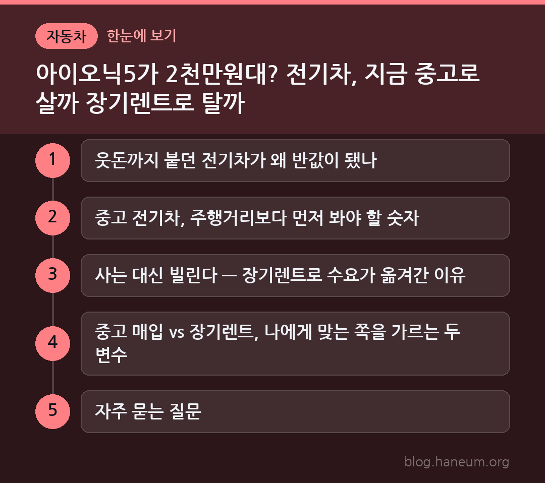 아이오닉5가 2천만원대? 전기차, 지금 중고로 살까 장기렌트로 탈까 한눈에 보기